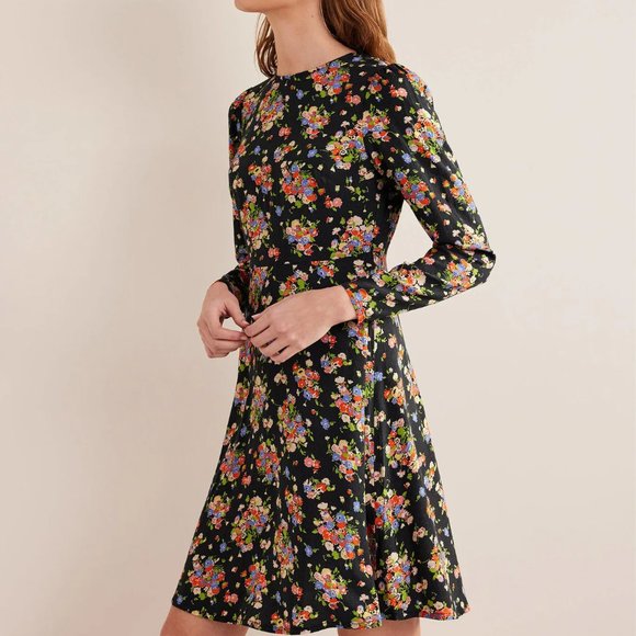 Boden Crew Neck Fit-and-Flare Dress Black, Wild Cluster - Picture 2 of 16